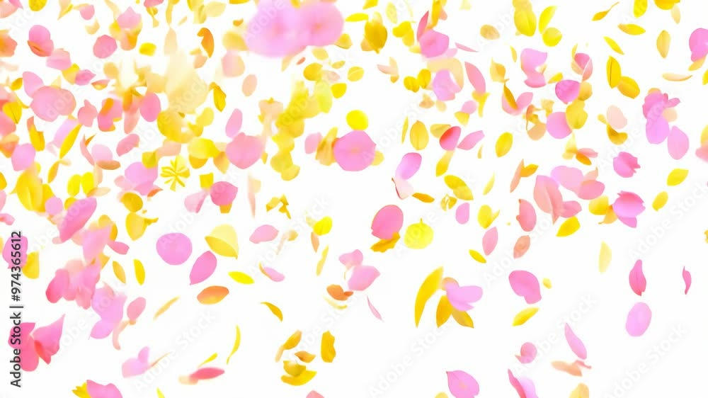 Bright pink and yellow tiny flower petals falling quickly in fast, raindrop-like drops on a white background. The vibrant colors and rapid motion create a dynamic and cheerful floral display. Bright pink and yellow tiny flower petals falling quickly in fast, raindrop-like drops on a white background. The vibrant colors and rapid motion create a dynamic and cheerful floral display.