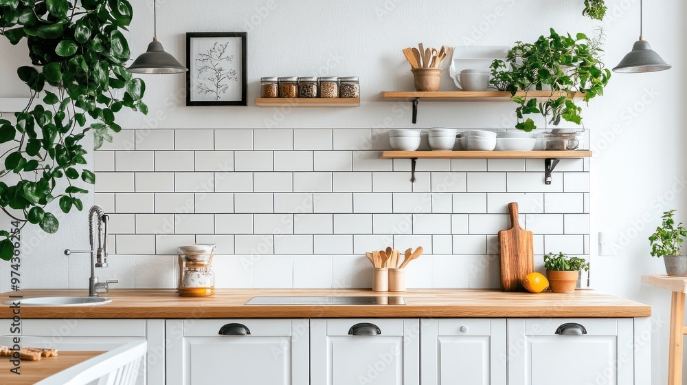 A kitchen backsplash made from glossy white subway tiles with metallic accents, creating a contemporary aesthetic A kitchen backsplash made from glossy white subway tiles with metallic accents, creating a contemporary aesthetic
