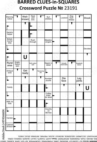 Barred clues-in-squares crossword puzzle game № 23191. Letter U is a hint. Answer included.
