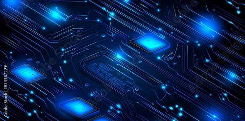 Digital grid line and circuit illustration of futuristic tech horizontal space. Innovations in technology and wireless communication for the future.