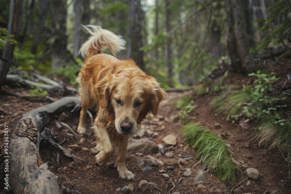 A dog hiking through a forest, its nose to the ground and its tail wagging with excitement A dog hiking through a forest, its nose to the ground and its tail wagging with excitement