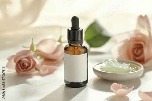 A skincare product bottle surrounded by roses and a small dish of gel.