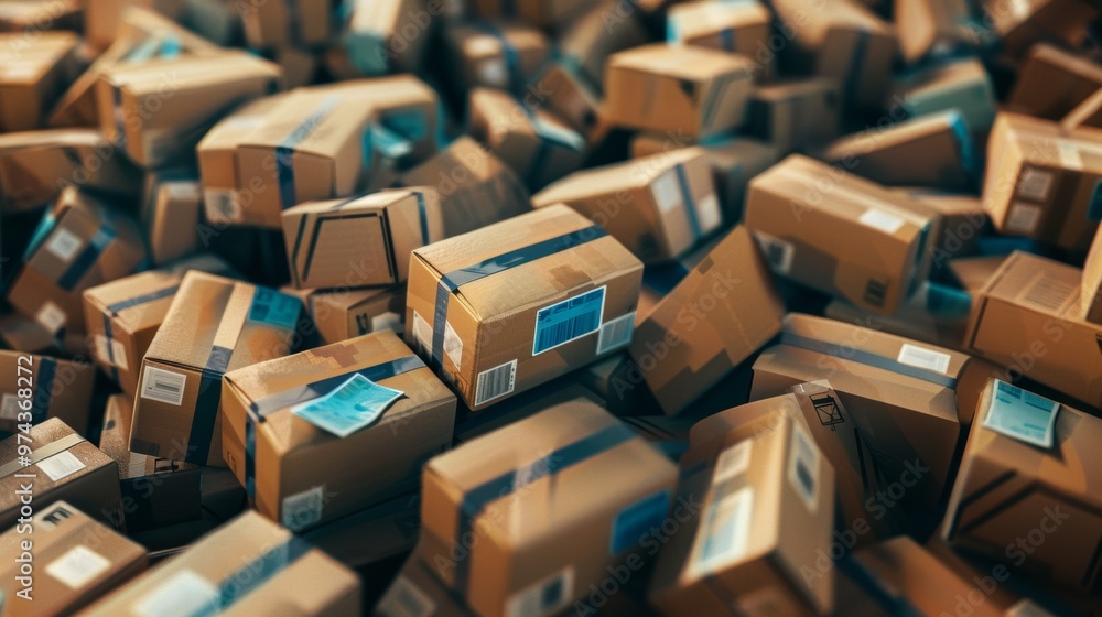 Obraz premium Organized Stacks of Cardboard Boxes with Blue Labels in a Warehouse Setting