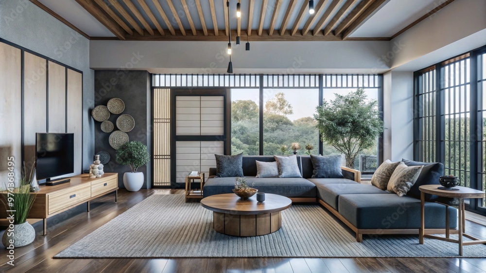 Minimalist, japandi interior design of modern living room.
