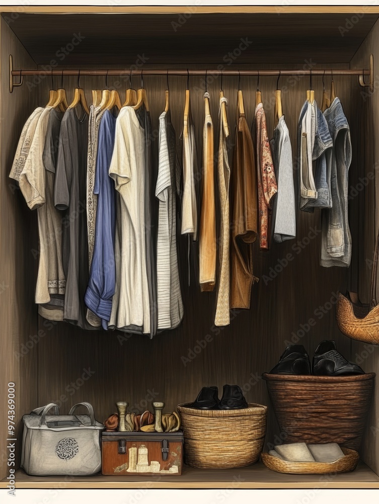 Organized Wardrobe with Hanging Clothes and Storage Baskets Organized Wardrobe with Hanging Clothes and Storage Baskets