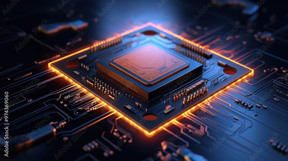 Close-up of a glowing CPU on a circuit board Close-up of a glowing CPU on a circuit board