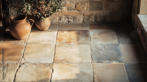 A rustic floor covered with large stone tiles, showing natural textures and earthy tones