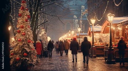 Cozy Christmas Market With Snow-Dusted Trees and Shoppers at Night photo