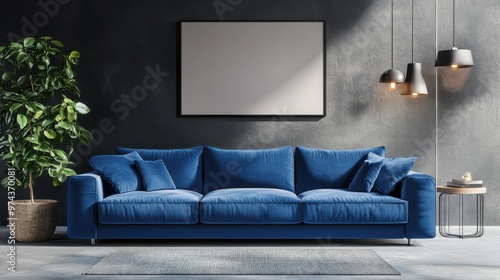 3D Rendering of Modern Living Room with Blue Sofa | Contemporary Interior Design