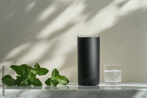 Wallpaper Mural A sleek black tumbler beside a glass of water and fresh mint leaves on a marble surface. Torontodigital.ca