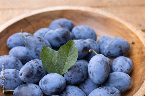 Frisch geerntete Ökologische Zwetschgen in einer Holzschale