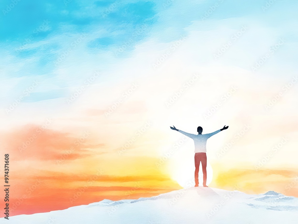 A silhouette of a person standing before a rising sun, arms outstretched, symbolizing personal growth and the attainment of professional ambitions through persistent effort A silhouette of a person standing before a rising sun, arms outstretched, symbolizing personal growth and the attainment of professional ambitions through persistent effort