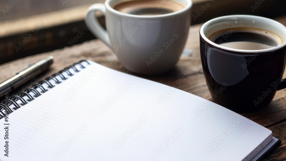 Promotional photo. An open notebook with blank pages next to a cup of coffee. Promotional photo. An open notebook with blank pages next to a cup of coffee.