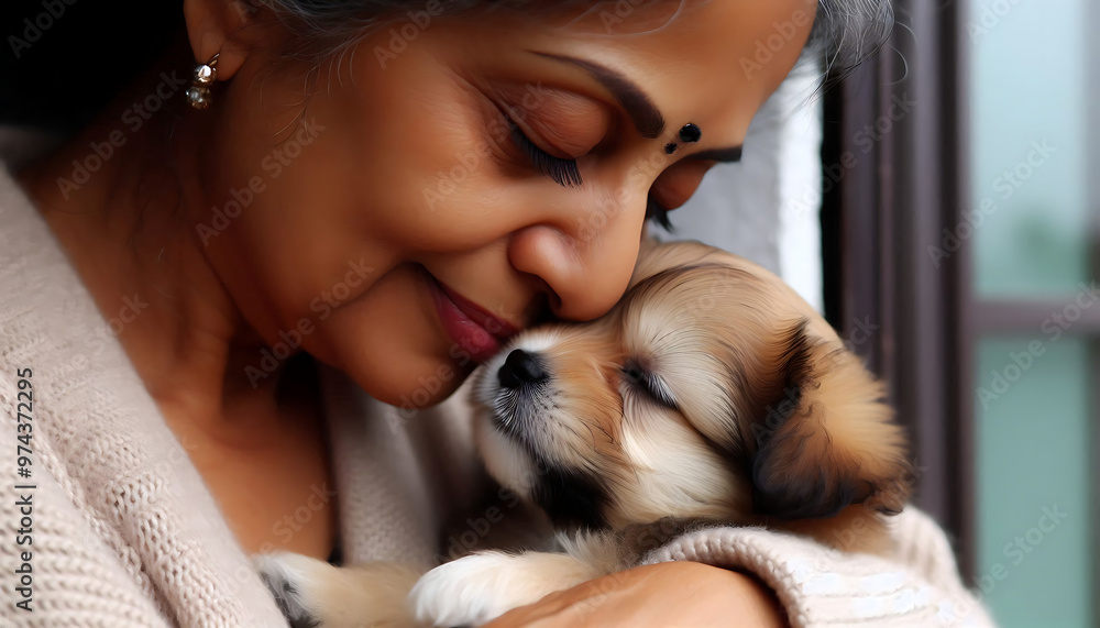 A happy girl and her puppy share a joyful moment, showcasing their friendship and love at home A happy girl and her puppy share a joyful moment, showcasing their friendship and love at home