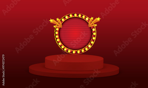 Red 3D Podium platform With Retro Circle Logo Unit Advertising, Promotional Background Vector layered. Product Display Stage with Offers