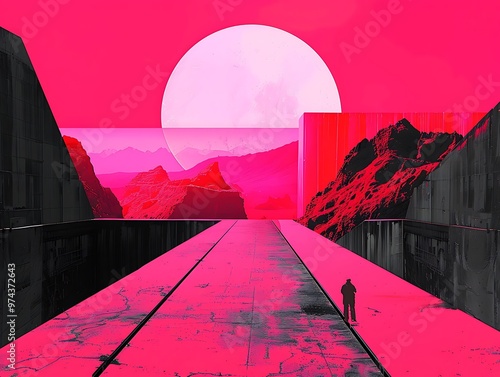 there is a man walking on a long walkway in a pink sky photo