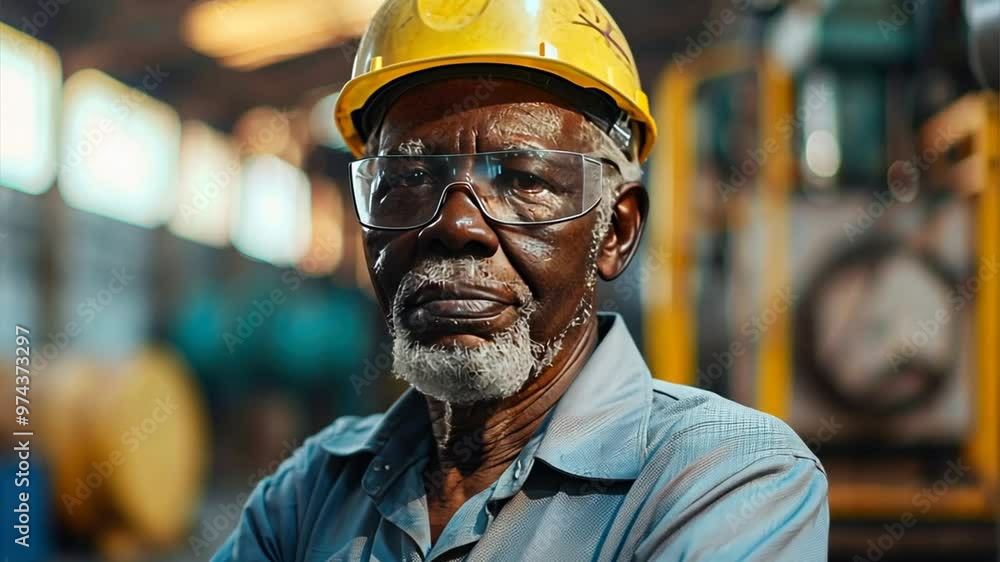 The Veteran's Gaze: A close-up portrait of a seasoned worker, his face etched with years of experience, looking directly at the camera with an air of determination and resilience. He wears a yellow ha The Veteran's Gaze: A close-up portrait of a seasoned worker, his face etched with years of experience, looking directly at the camera with an air of determination and resilience. He wears a yellow ha