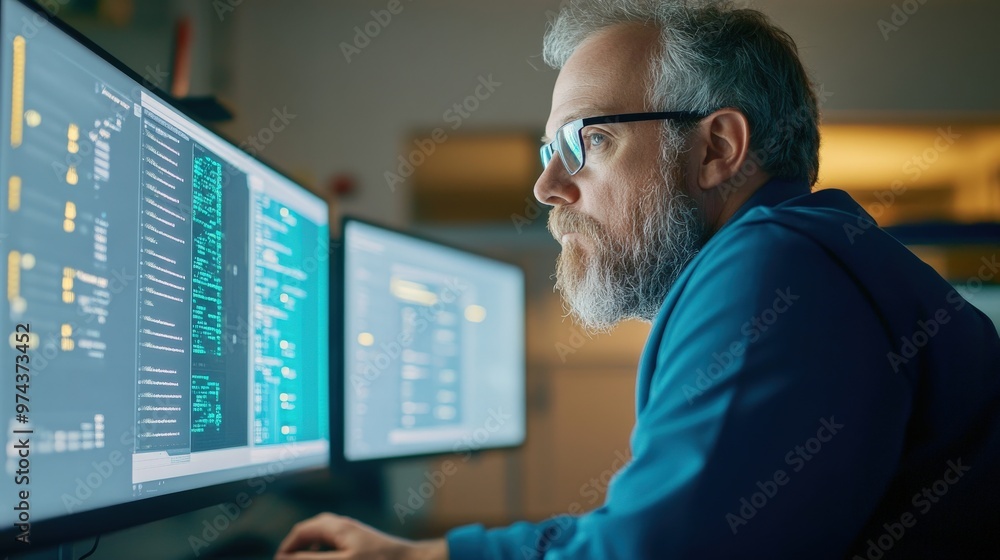 Focused software developer working on multiple monitors with coding and programming on his screens in a dimly lit office environment. Focused software developer working on multiple monitors with coding and programming on his screens in a dimly lit office environment.