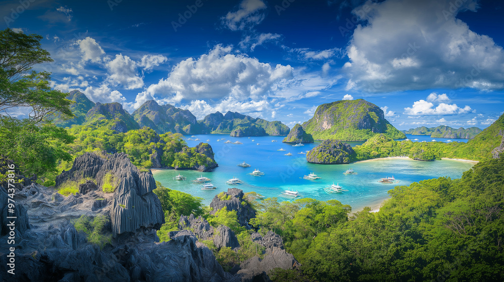 Obraz premium El Nido beach is beautiful, the sky is beautiful, the sea is clear, the clouds are beautiful, the weather is good.