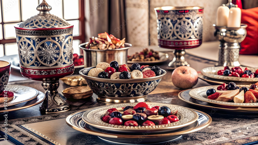 Naklejka premium Dried fruits are decorate on intricately designed dinnerware.