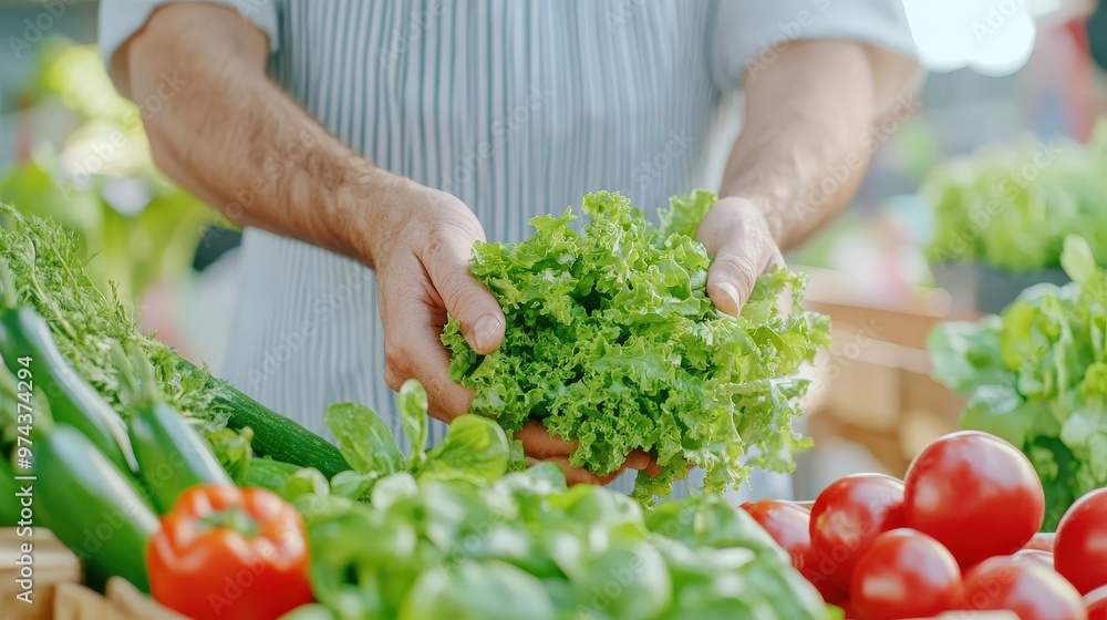 Person selecting fresh lettuce from an assortment of vegetables at a market stand, showcasing produce variety and healthy eating. Person selecting fresh lettuce from an assortment of vegetables at a market stand, showcasing produce variety and healthy eating.