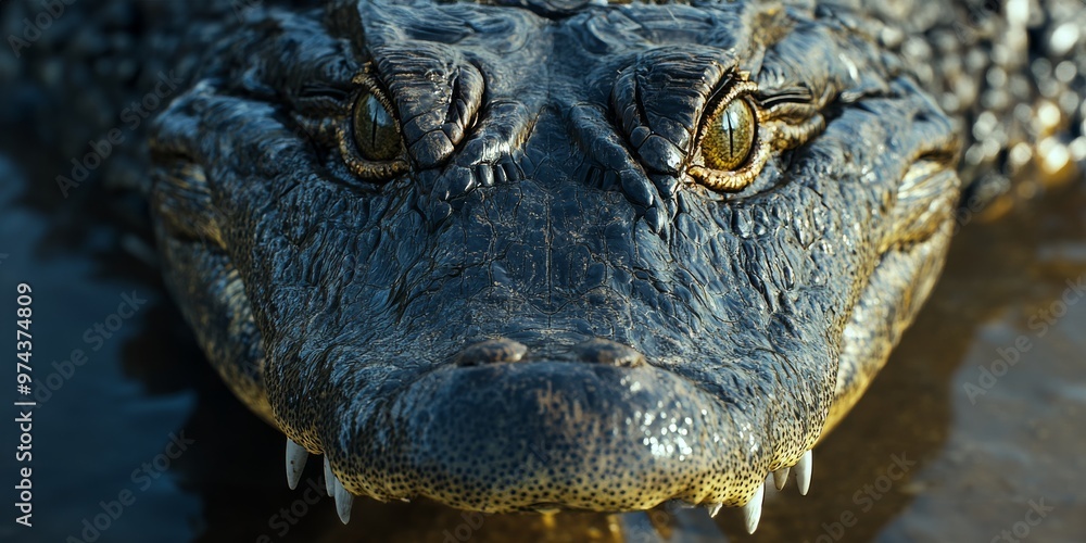 Fototapeta premium Intense close-up macro shot of a crocodile's head with focus on its scaly skin and sharp, protruding teeth.