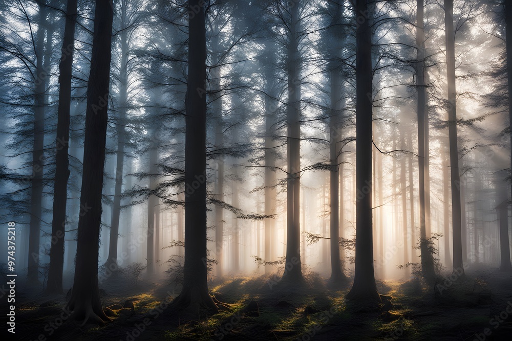 Naklejka premium Shiny beams of light cutting through the fog in a mystical dark forest at dawn, Ai Generated