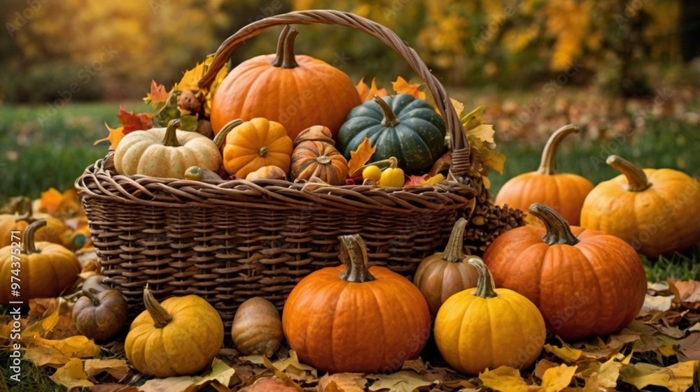 an image of a wicker basket overflowing with fresh fall harvest items like pumpkins, apples, corn, and squash. an image of a wicker basket overflowing with fresh fall harvest items like pumpkins, apples, corn, and squash.