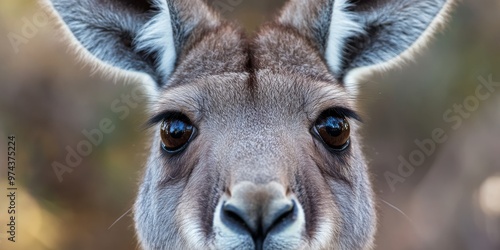 Ultra-close macro shot of a kangaroo’s face with focus on its eyes, large ears, and whiskers under soft, diffused lighting photo