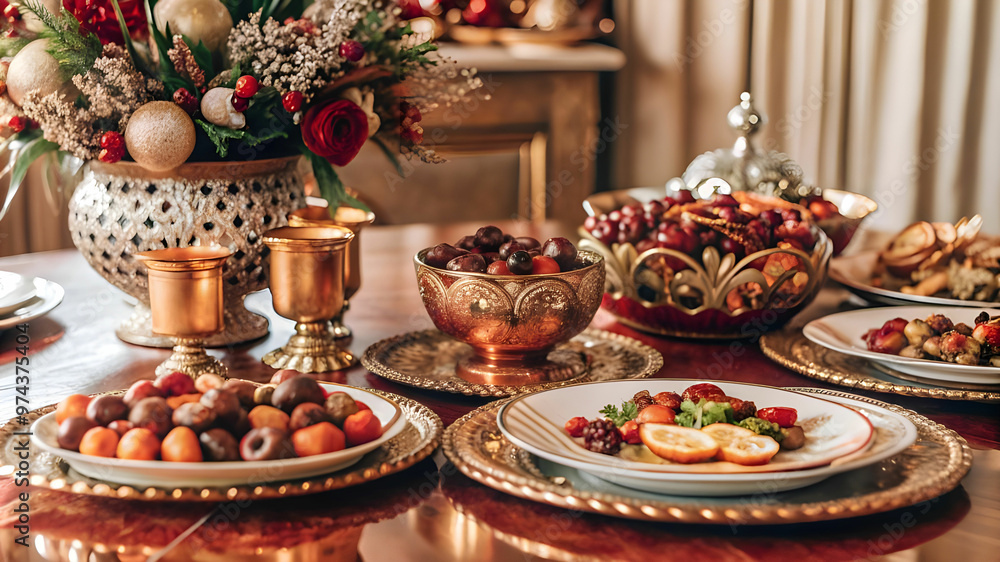 Dried fruits are decorate on intricately designed dinnerware. Dried fruits are decorate on intricately designed dinnerware.