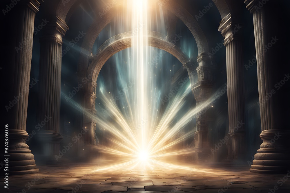 Fototapeta premium Shiny rays of light bursting from a magical portal illuminating a dark fantasy realm, Ai Generated