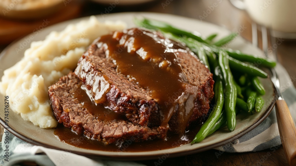 Enjoy a hearty, homemade meal with juicy slices of meatloaf smothered in savory gravy, served alongside creamy mashed potatoes and green beans Enjoy a hearty, homemade meal with juicy slices of meatloaf smothered in savory gravy, served alongside creamy mashed potatoes and green beans
