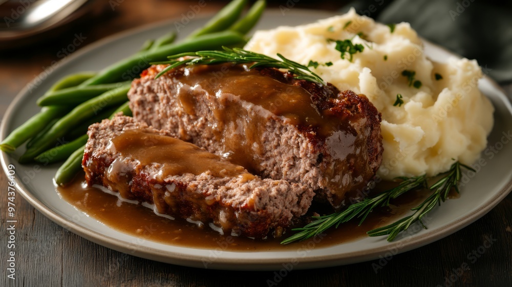 Enjoy a hearty, homemade meal with juicy slices of meatloaf smothered in savory gravy, served alongside creamy mashed potatoes and green beans Enjoy a hearty, homemade meal with juicy slices of meatloaf smothered in savory gravy, served alongside creamy mashed potatoes and green beans