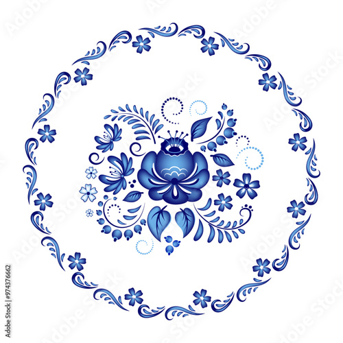 Russian traditional Gzhel paintings. Porcelain blue painting patterns.