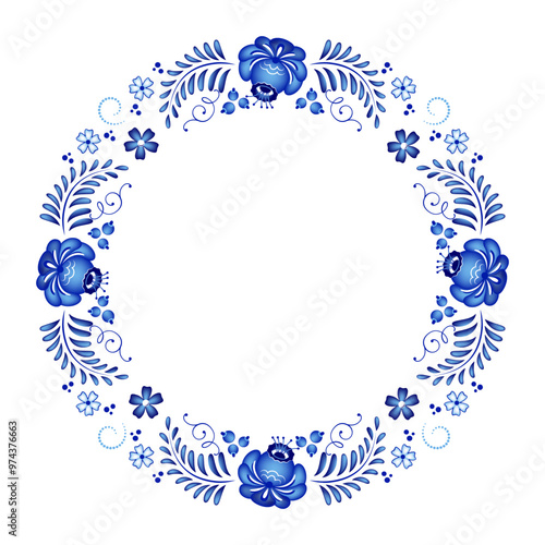 Russian traditional Gzhel paintings. Porcelain blue painting patterns.