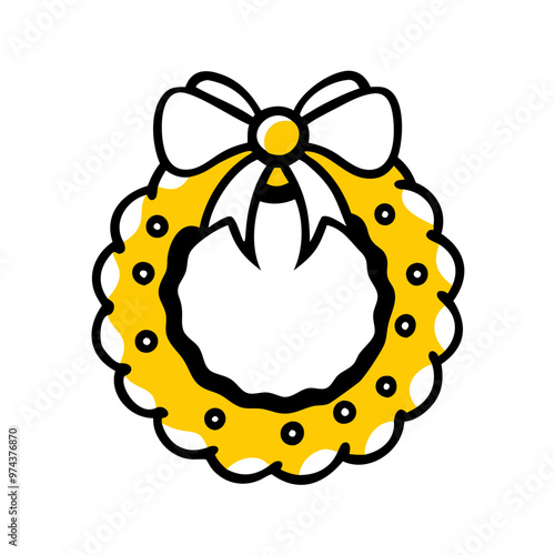 Simple holiday wreath with bow, minimalistic design, yellow and white colors