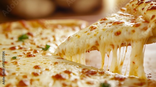 Close-up of a cheese pizza slice being lifted, showcasing the stretchy cheese. Photography Stock.