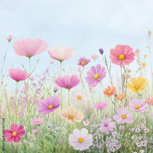Wallpaper Mural A vibrant field of colorful wildflowers blooming under a clear sky, showcasing nature's beauty and tranquility. Torontodigital.ca