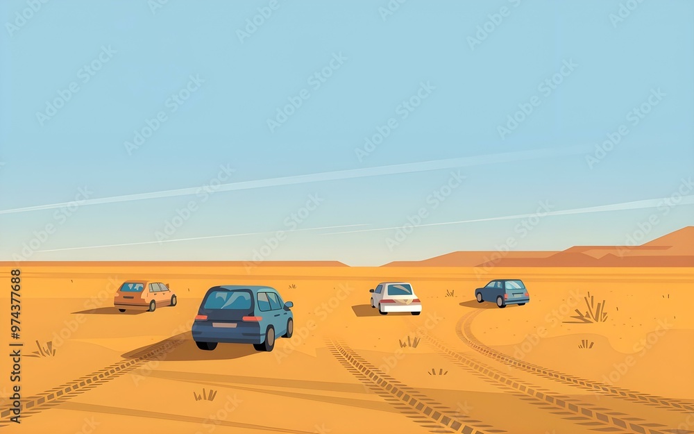 Desert landscape with four colorful cars driving on dirt road under clear blue sky with sand dunes and scattered shrubs Desert landscape with four colorful cars driving on dirt road under clear blue sky with sand dunes and scattered shrubs