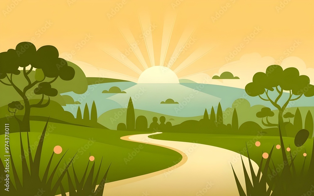 Illustration of a winding road through lush green landscape with tall trees pink flowers rolling hills and mountains under a warm orange sky with a bright sun Illustration of a winding road through lush green landscape with tall trees pink flowers rolling hills and mountains under a warm orange sky with a bright sun