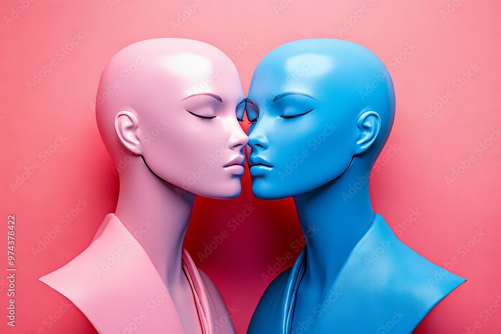 Two artistic mannequins in a colorful display kiss softly against a vibrant pink and blue backdrop Two artistic mannequins in a colorful display kiss softly against a vibrant pink and blue backdrop