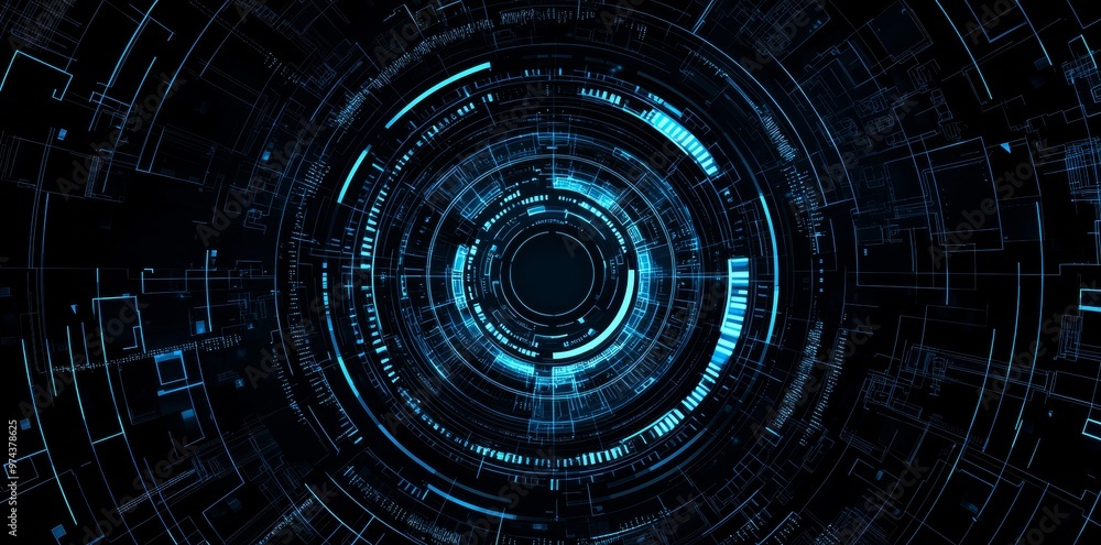 It is an illustration of an orbit glowing blue with hi-tech HUD and ...