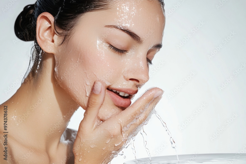 Naklejka premium Serene moment of refreshment as a woman splashes water on her clean face against a soft white backdrop