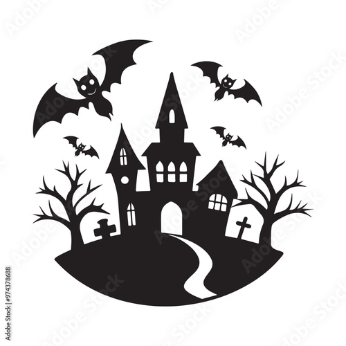 halloween house  background with house and pumpkin, silhouette vector, isolated on white background, black and white silhouette, vector and illustration