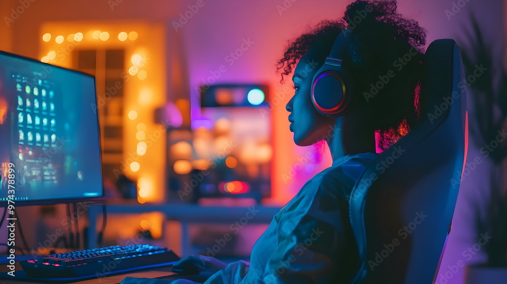 Gaming Experience Immersive Lights Headphones Colorful Background Focused Player Gaming Experience Immersive Lights Headphones Colorful Background Focused Player