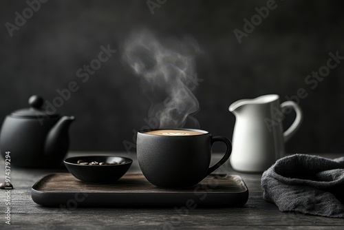 Wallpaper Mural A steaming cup of coffee on a wooden tray, accompanied by a teapot and cream jug. Torontodigital.ca