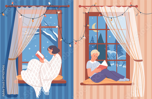 Set Teenagers sitting on the windowsill and reading a book. Girl and boy on the background of a window with a winter landscape. Window  Christmas garland, cozy holidays. Merry Christmas! Vector