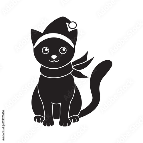 Christmas cat in Santa Hat and Scarf, silhouette vector, isolated on white background, black and white silhouette, vector and illustration