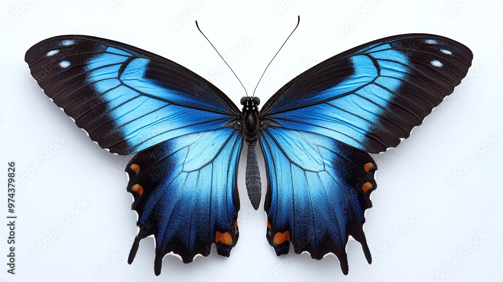 Fototapeta premium vibrant blue emperor butterfly, papilio ulysses swallowtail, with its large, colorful wings, showcased in its natural habitat, illustrating the beauty and rarity of this tropical species