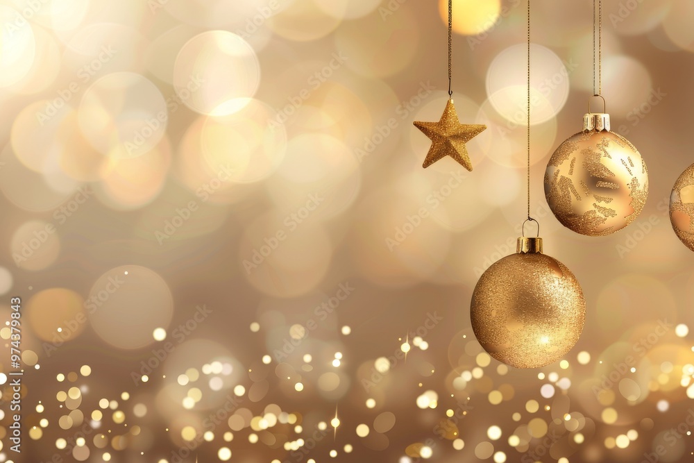 Fototapeta premium Festive Golden Christmas Ornaments Hanging Against a Sparkling Golden Background